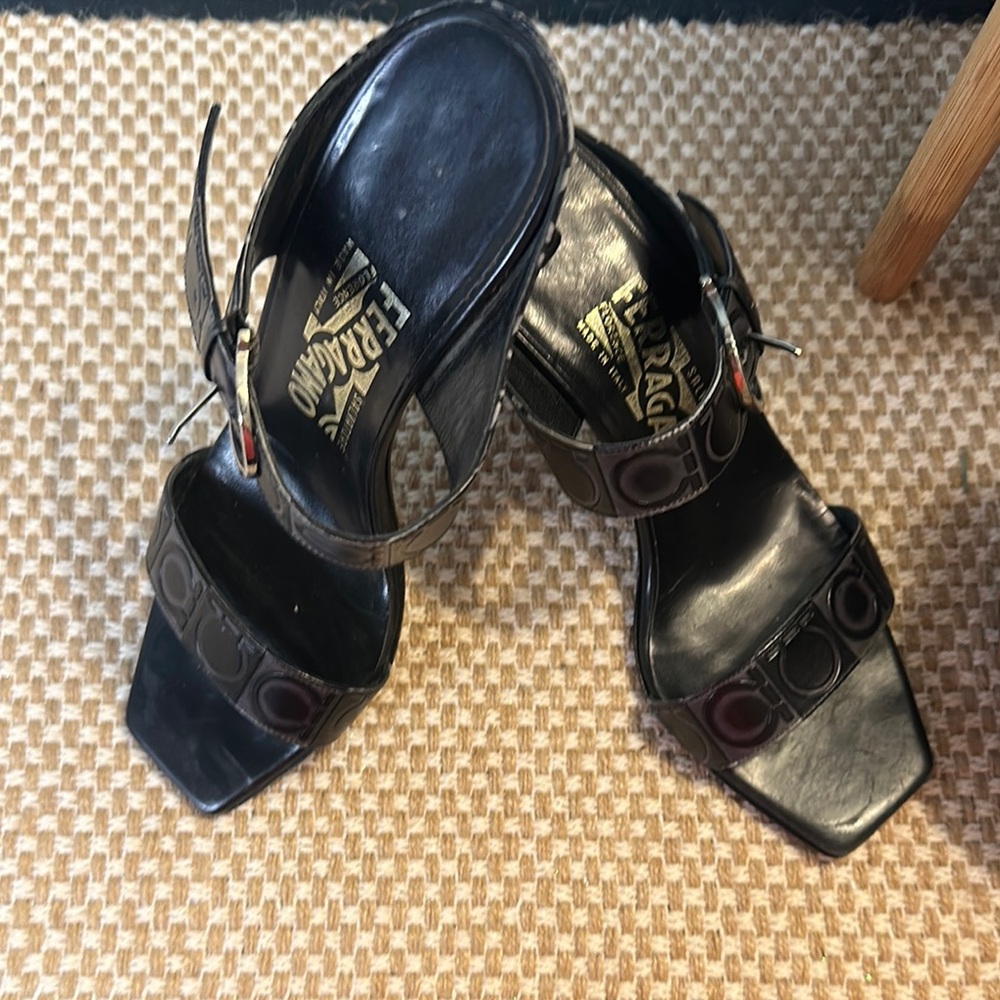 Salvatore Ferragamo Black Glossy Sandal Heels with Stiletto Design